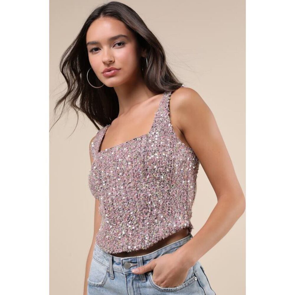 Lulus Noteworthy Crush Pink Boucle Sequin Tank Top - Size L